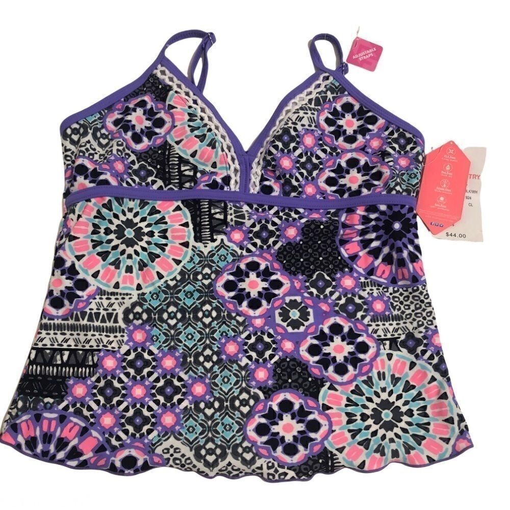 Free country tankini swimsuit bathing top pink purple boho print girls youth 16